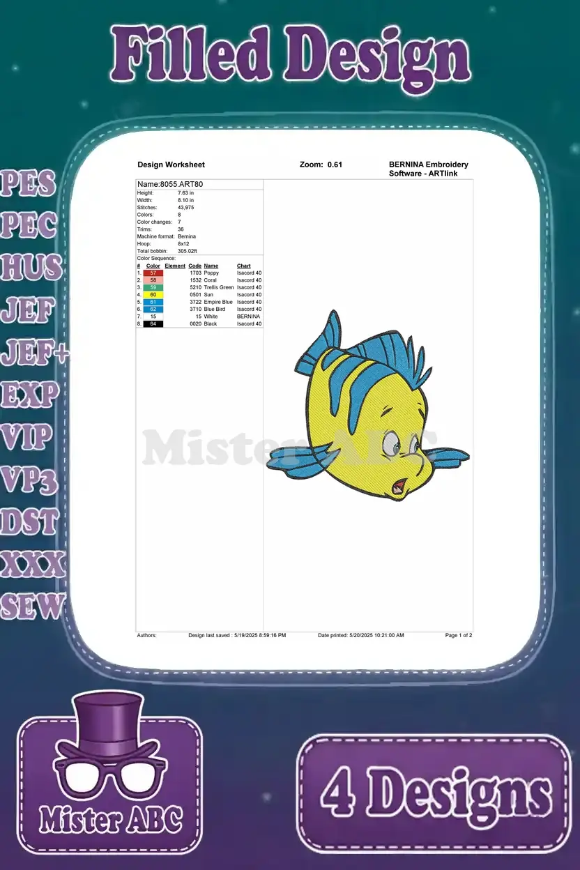 Design worksheet for the fourth Flounder embroidery, providing stitch count, color sequence, and dimensions.
