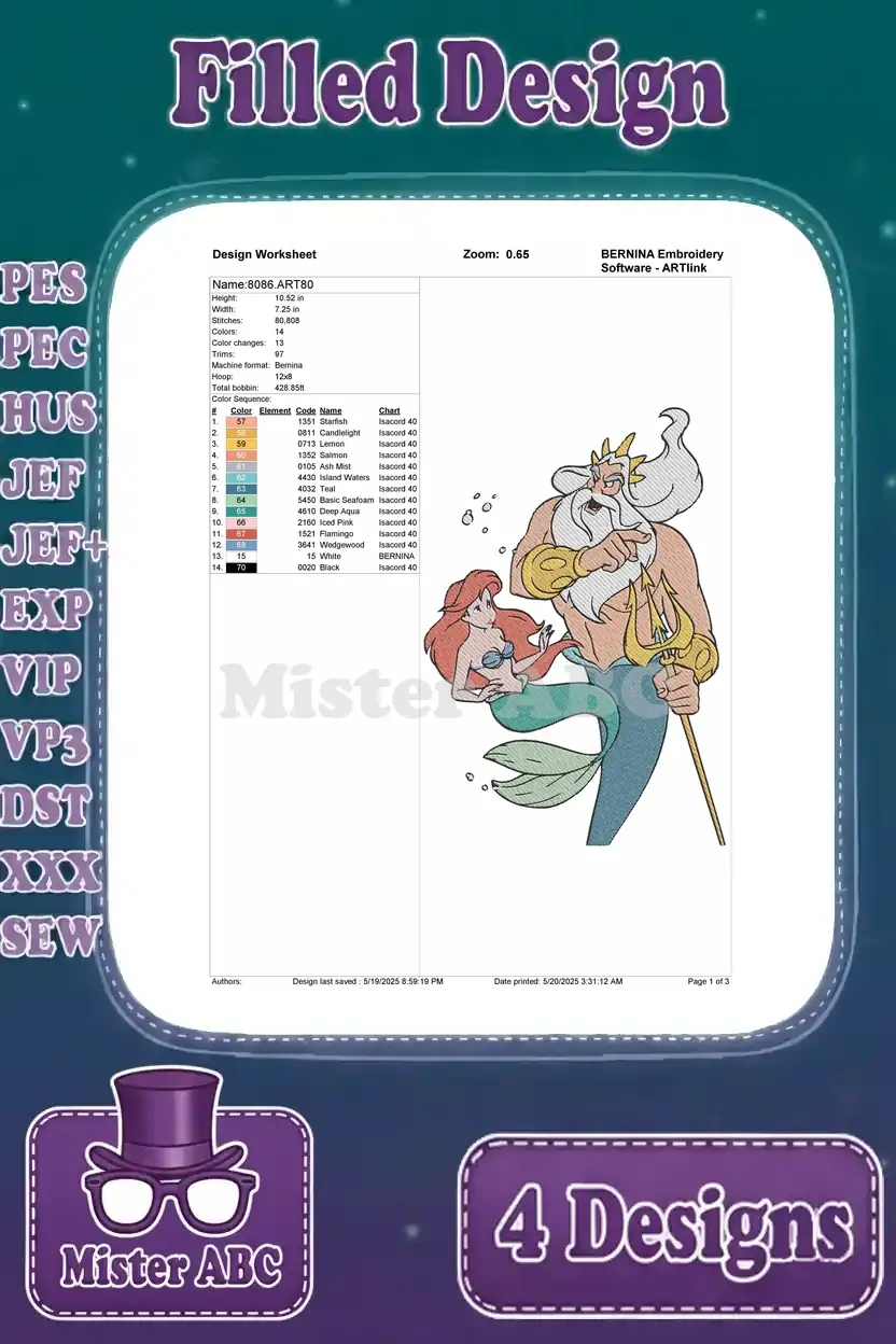 Detailed design worksheet for an embroidery pattern of King Triton holding Ariel, showing stitch count, color chart, and thread codes.