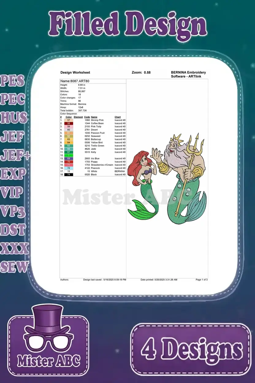 Detailed design worksheet for an embroidery pattern of Ariel and King Triton interacting, showing stitch count, colors, and thread codes.