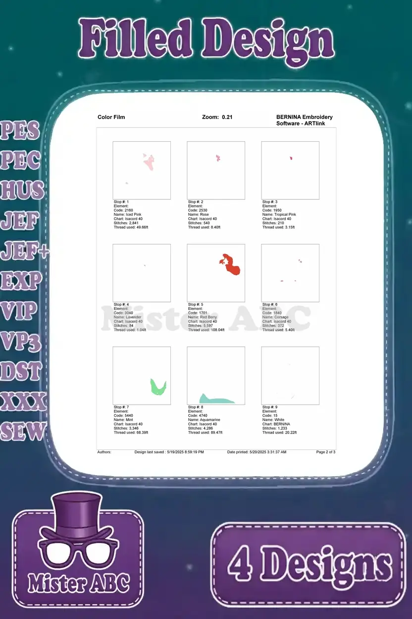 Color film page 2 for the Ariel kissing King Triton embroidery design, showing thread stop sequence for elements.