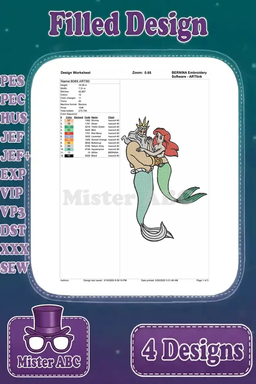 Detailed design worksheet for an embroidery pattern of Ariel hugging King Triton, showing stitch count, colors, and thread codes.
