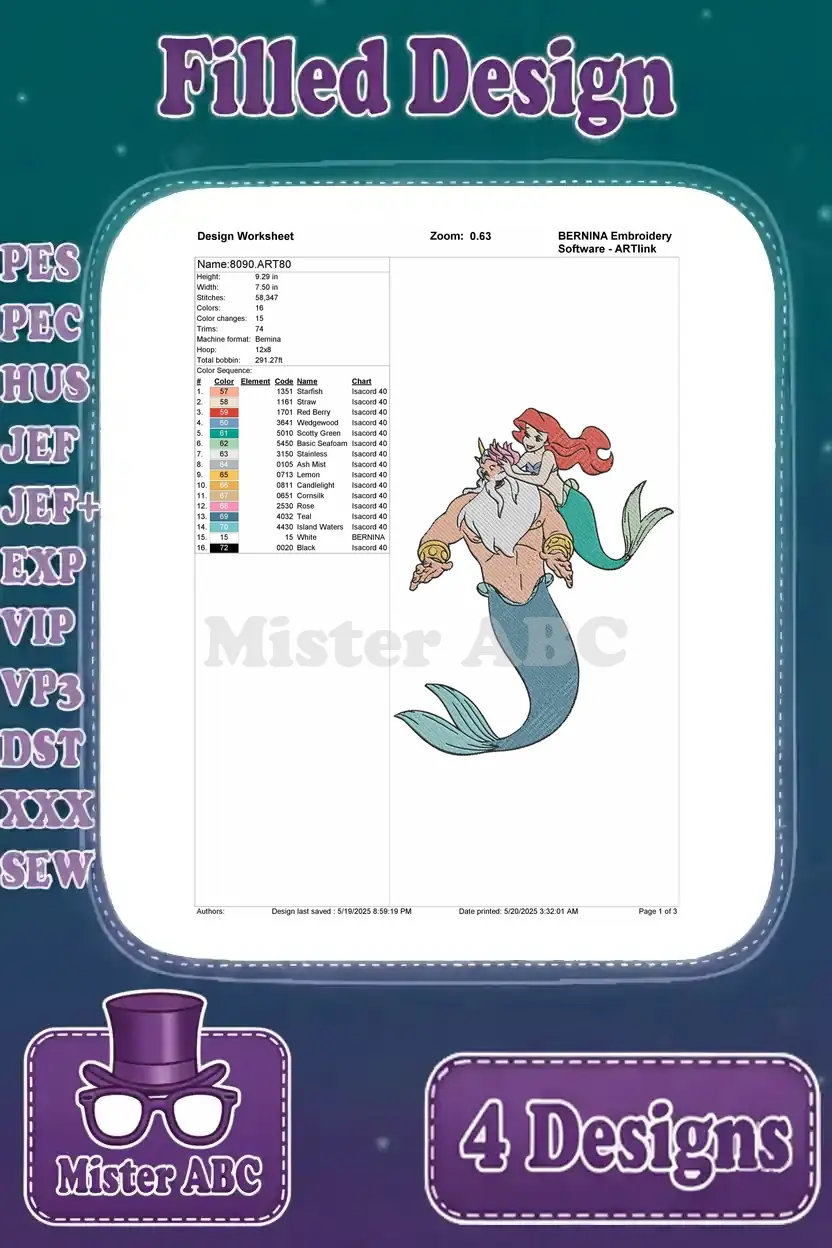 Design worksheet for the first filled embroidery design featuring Ariel resting on King Triton's shoulder.