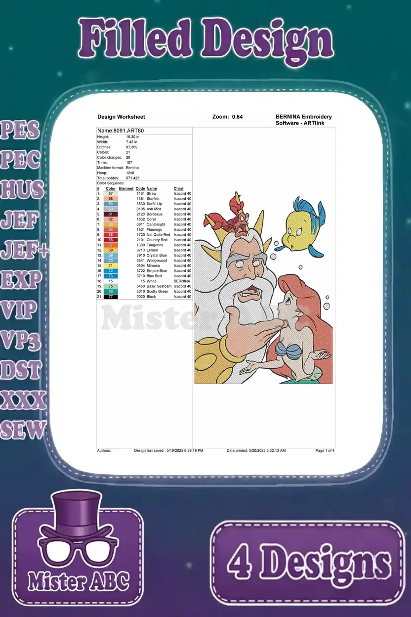 Design worksheet for the second filled embroidery design, featuring Ariel and King Triton conversing with Flounder.