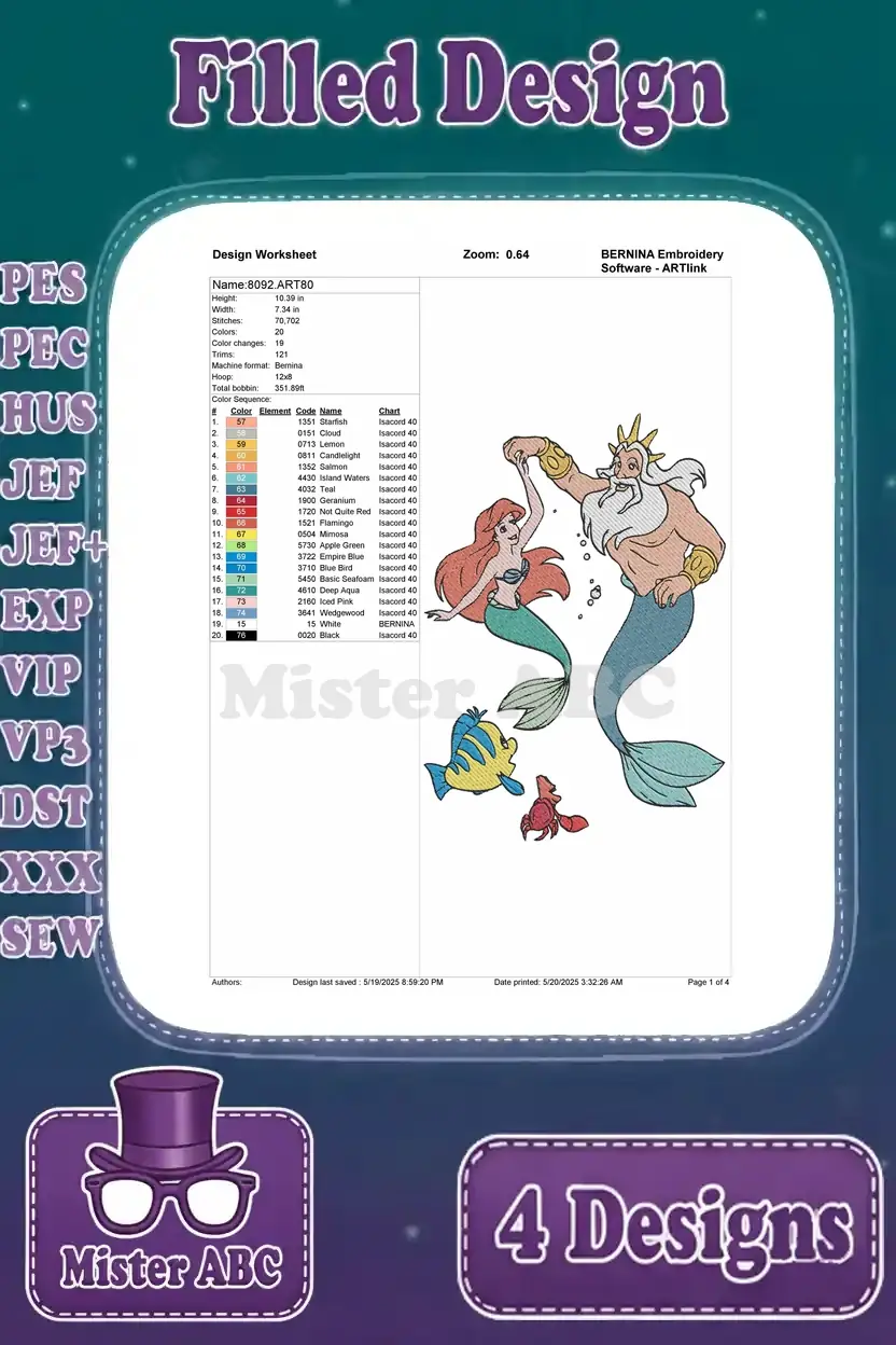 Design worksheet for the third filled embroidery design, featuring Ariel and King Triton dancing with friends.