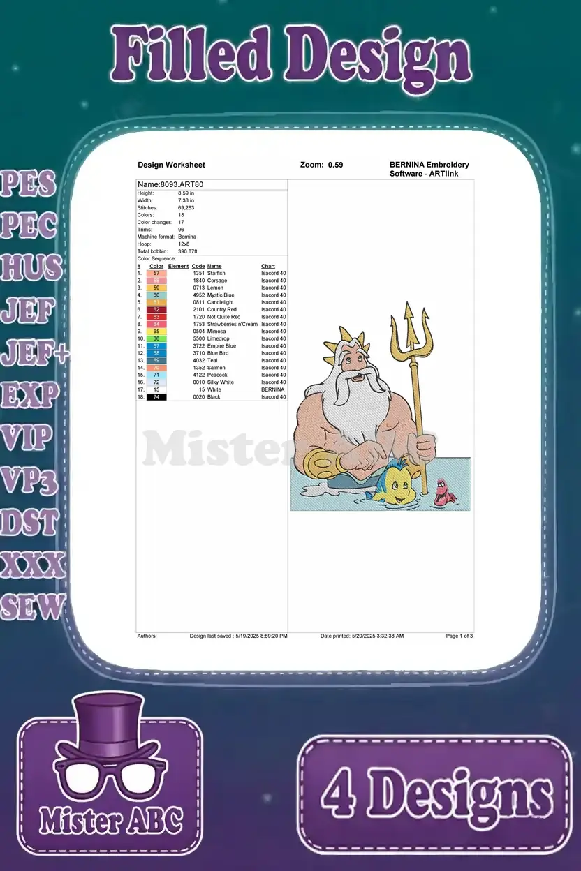 Design worksheet for the fourth filled embroidery design, featuring King Triton with his trident.