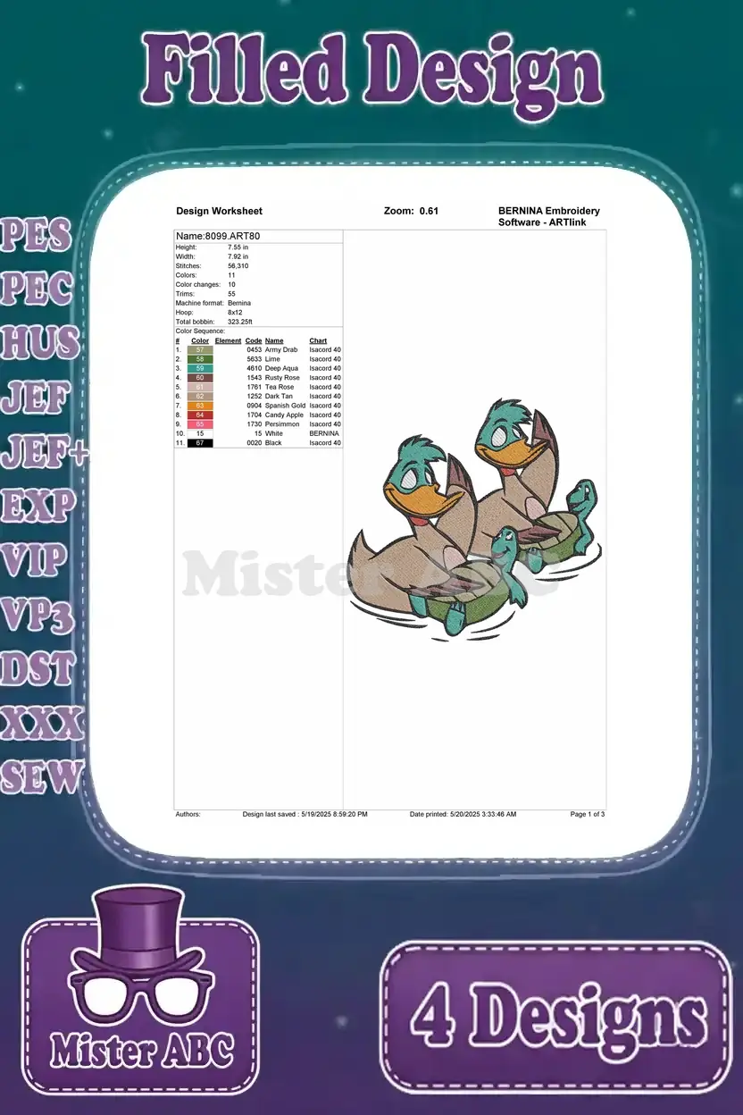 A design worksheet for the second embroidery design, featuring two cartoon ducks, with stitch and color details.