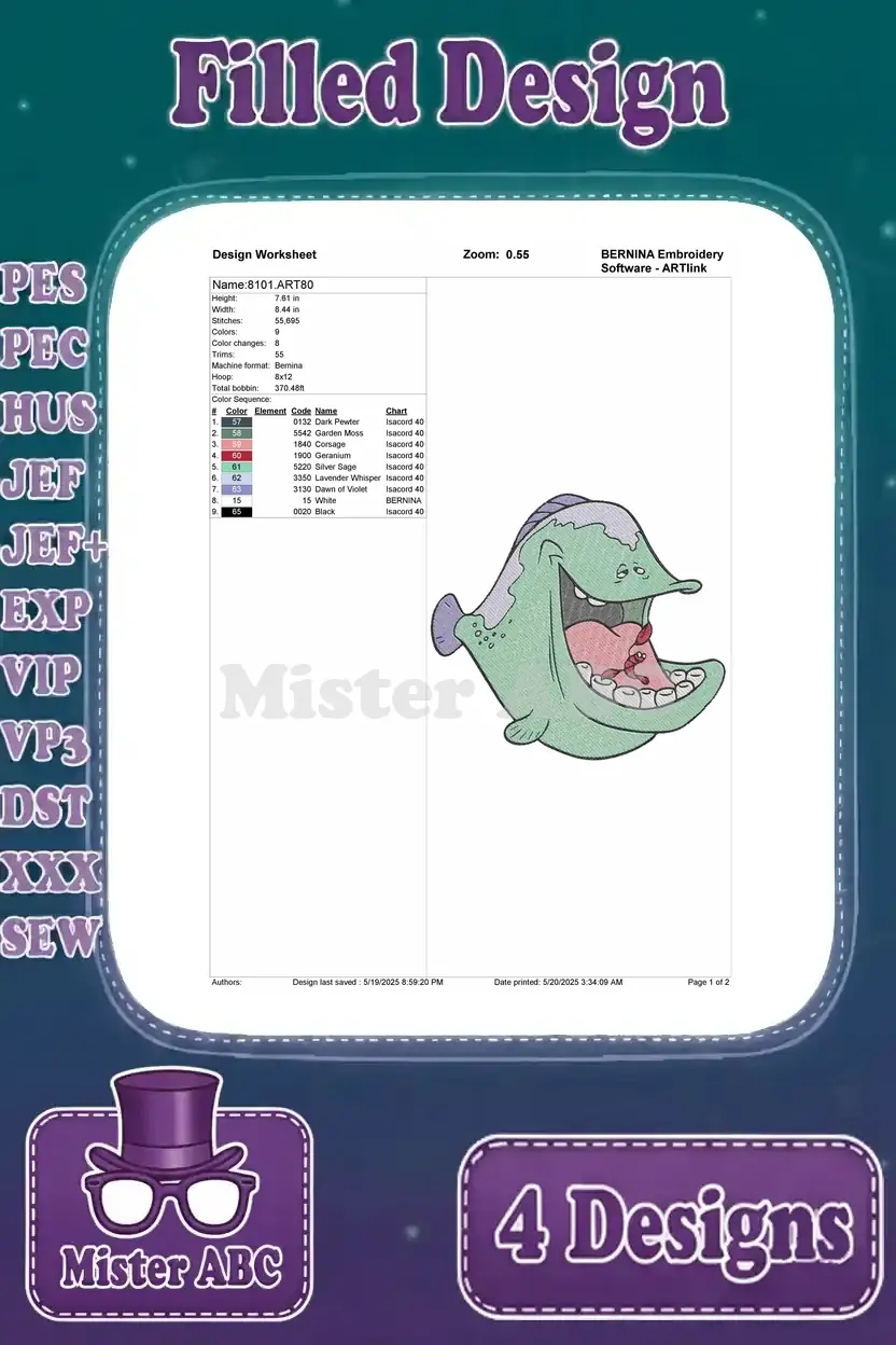 A design worksheet for the fourth embroidery design, a green fish with an open mouth, detailing stitches and colors.