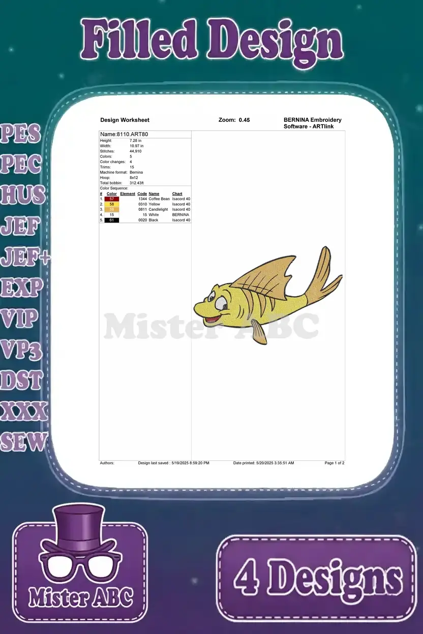 Design worksheet for the Flounder filled embroidery design, detailing stitch count, color sequence, and thread information.