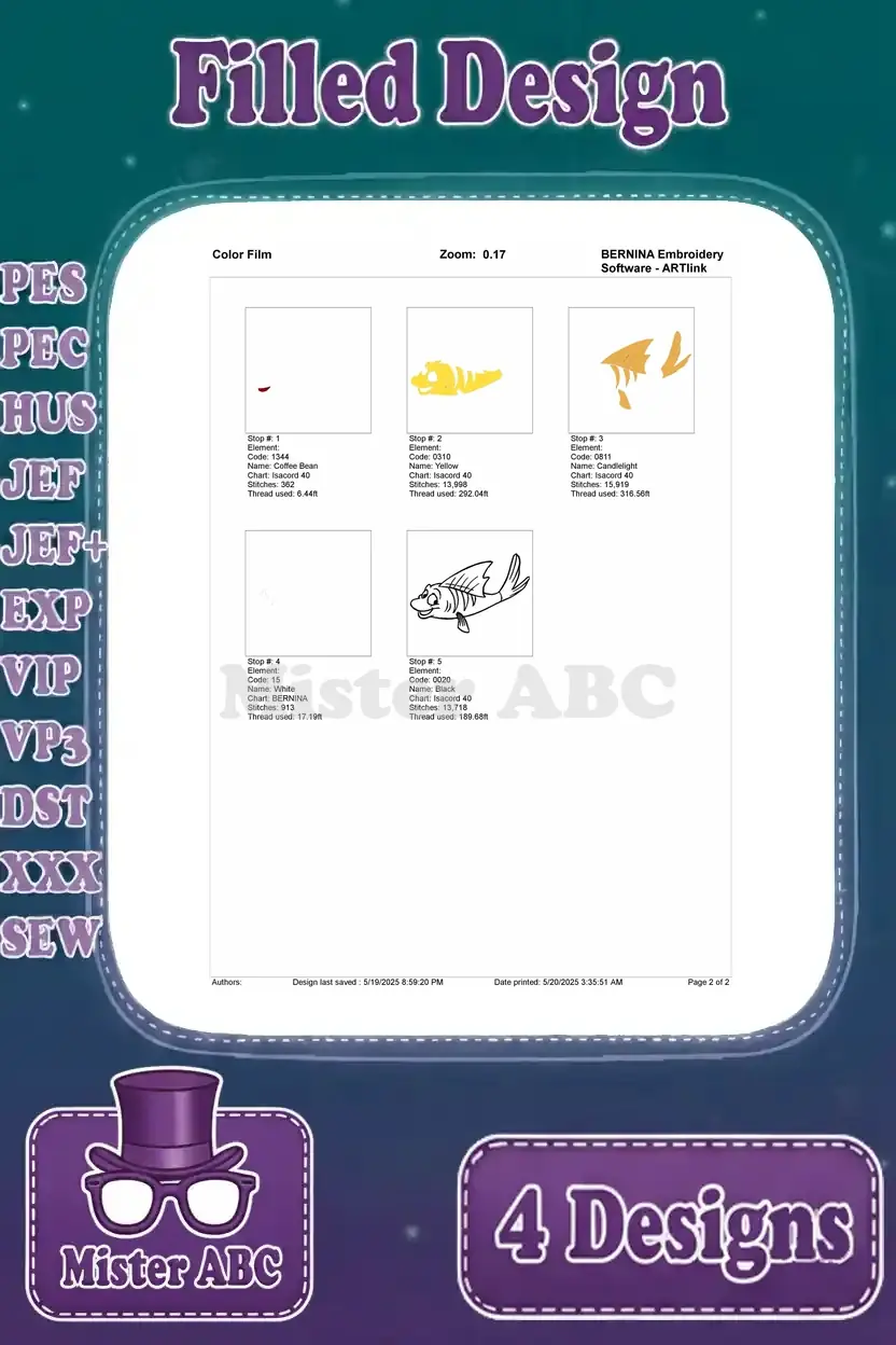 Color film breakdown for the Flounder filled embroidery design, showing the sequential stitch layers and color stops for accurate stitching.