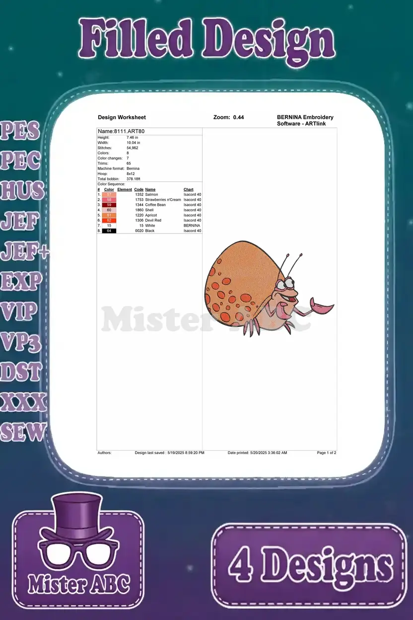 Design worksheet for the charming hermit crab filled embroidery design, outlining stitch counts, color changes, and thread specifics.