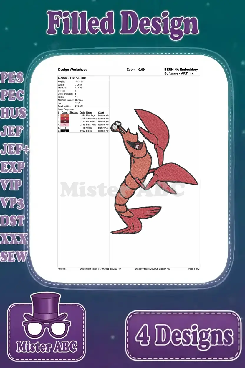 Design worksheet for the Sebastian filled embroidery design, providing stitch count, color sequence, and essential thread details.