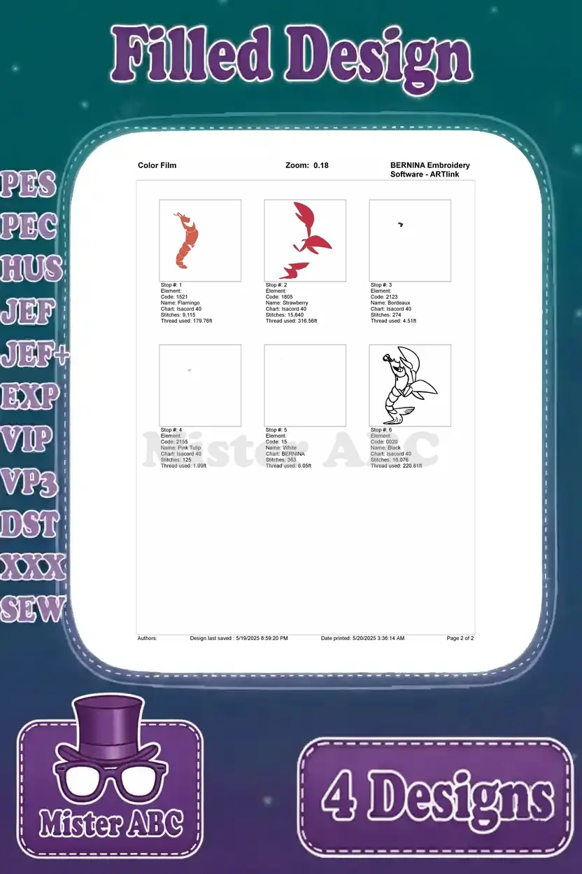 Color film breakdown for the Sebastian filled embroidery design, illustrating the exact stitching order and color changes.