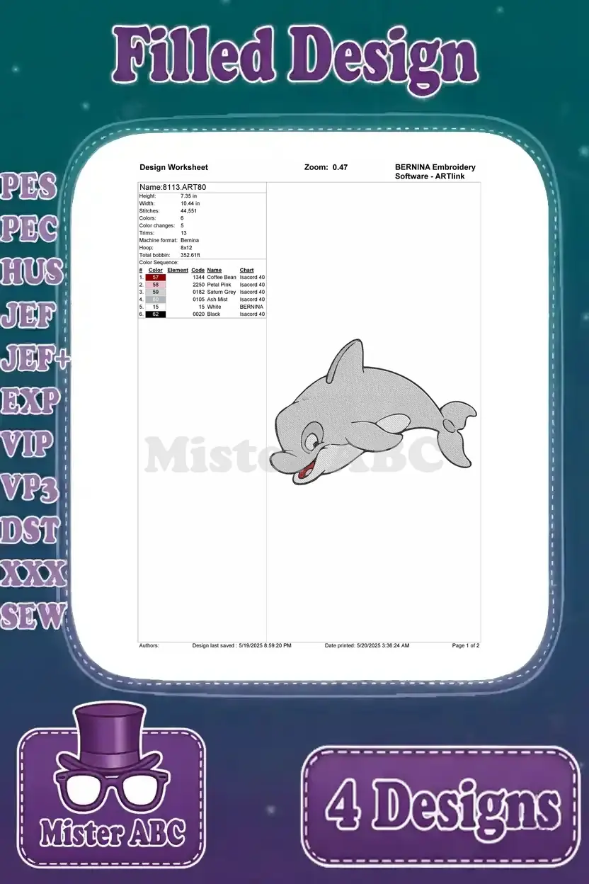Design worksheet for the playful dolphin filled embroidery design, detailing stitch count, color sequence, and thread information.