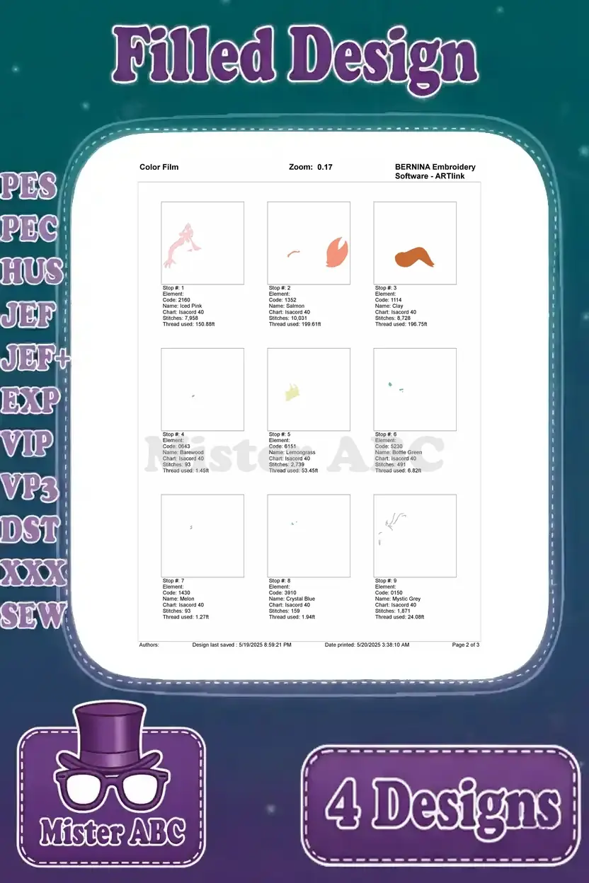 First page of the color film for the Melody mermaid embroidery design, illustrating the initial stitch sequence and thread stops.