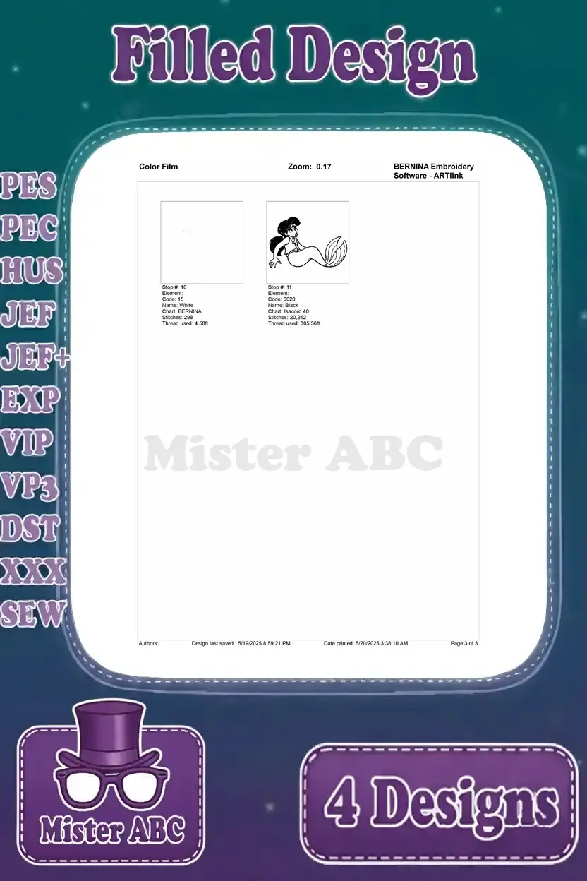 Second page of the color film for the Melody mermaid embroidery design, completing the stitch sequence and thread stops.