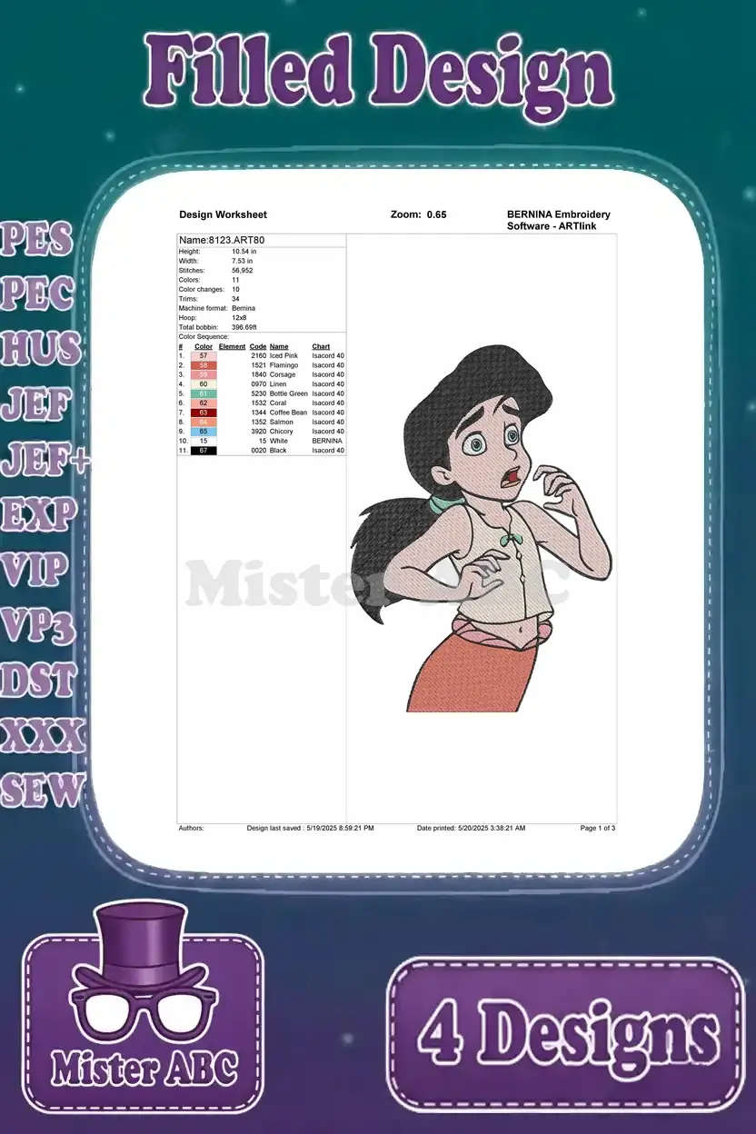 Embroidery design worksheet for Melody as a human with a surprised expression, showing stitch count, colors, and hoop details.
