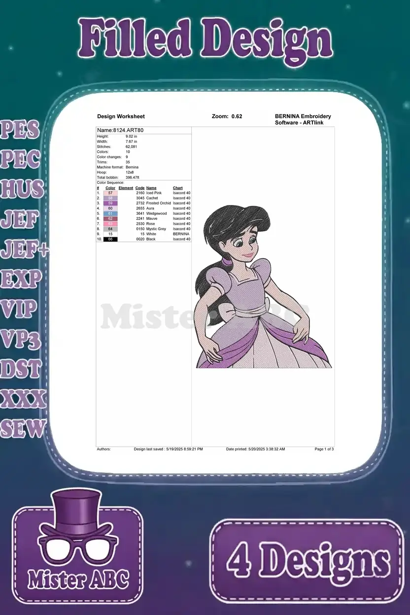 Embroidery design worksheet for Melody as a human in a graceful standing pose, outlining stitch counts and color sequence.