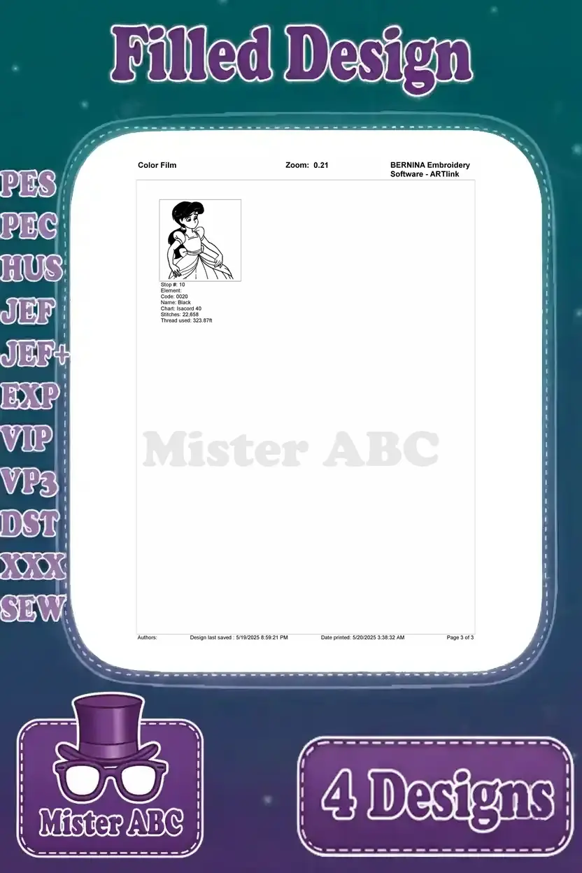 Second page of the color film for the graceful standing human Melody embroidery design, completing the stitch sequence.