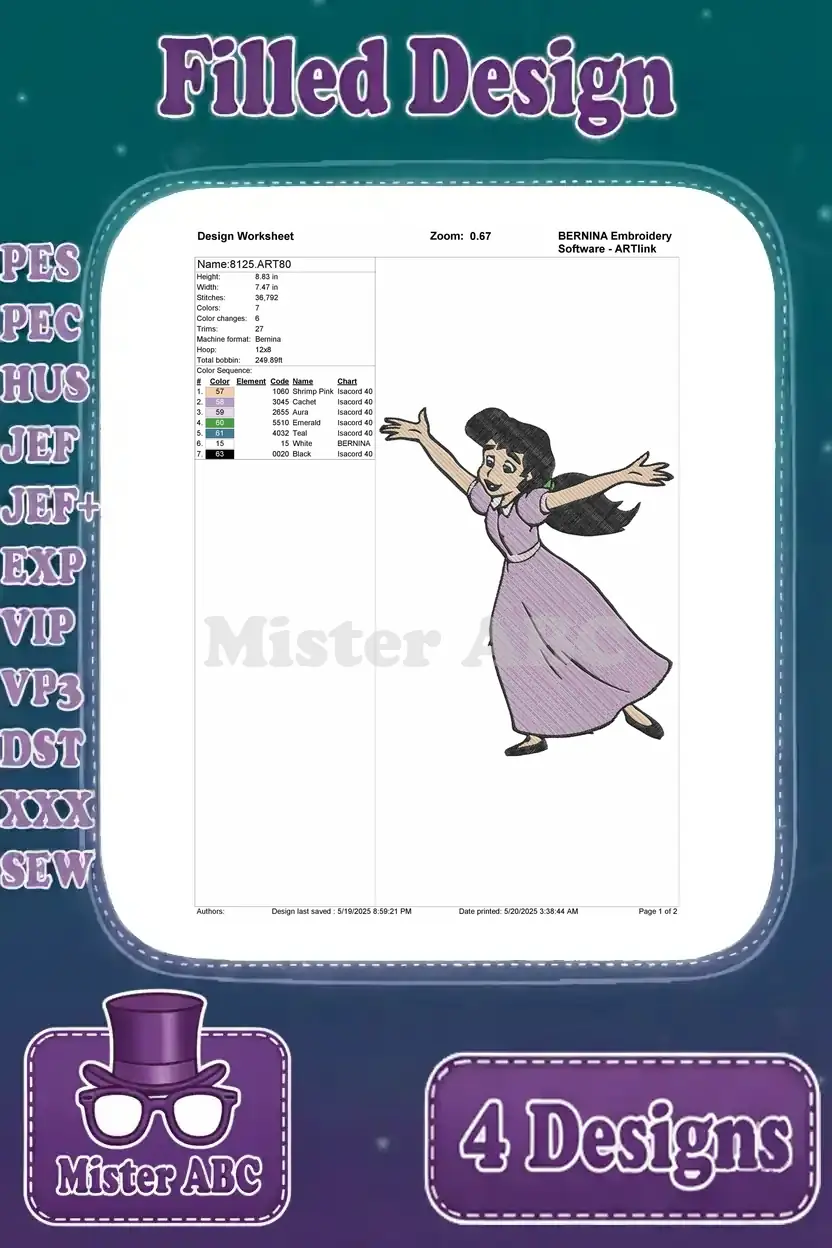 Embroidery design worksheet for Melody as a human in a lively running or dancing pose, detailing stitch count and colors.
