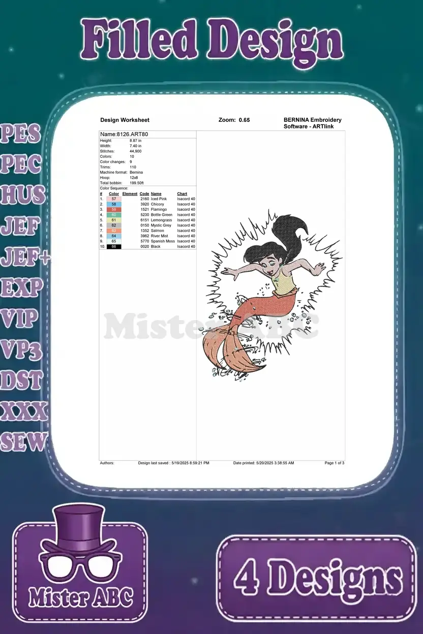 Detailed embroidery design worksheet for Melody as a mermaid splashing, showing thread colors, stitch count, and design info.