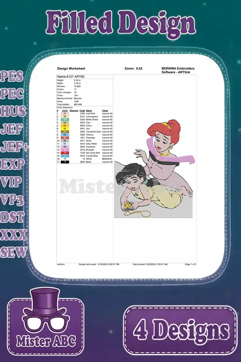 Detailed embroidery design worksheet for Melody and Ariel together, showing thread colors, stitch count, and design info.