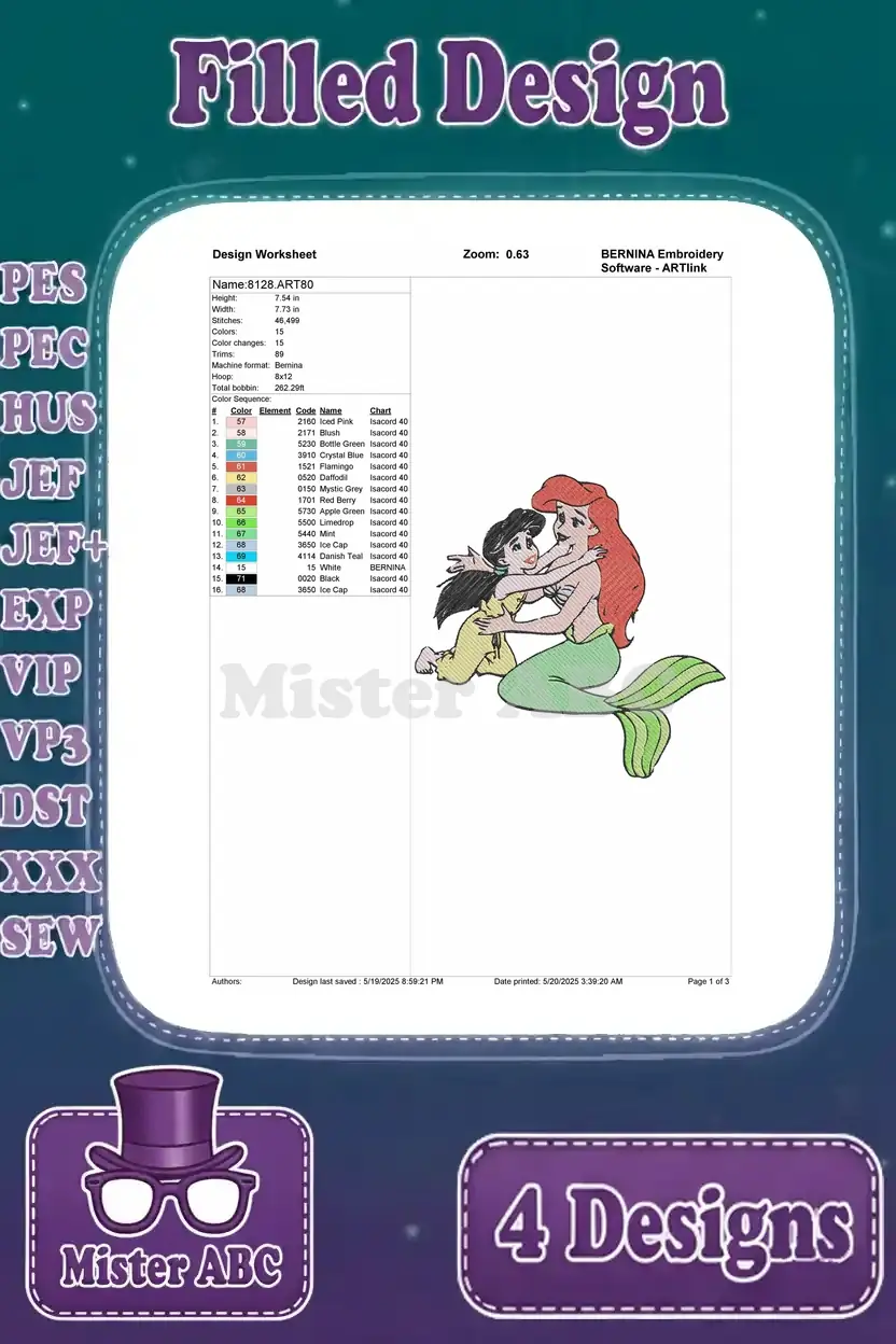 Detailed embroidery design worksheet for Melody and Ariel as mermaids, showing thread colors, stitch count, and design info.