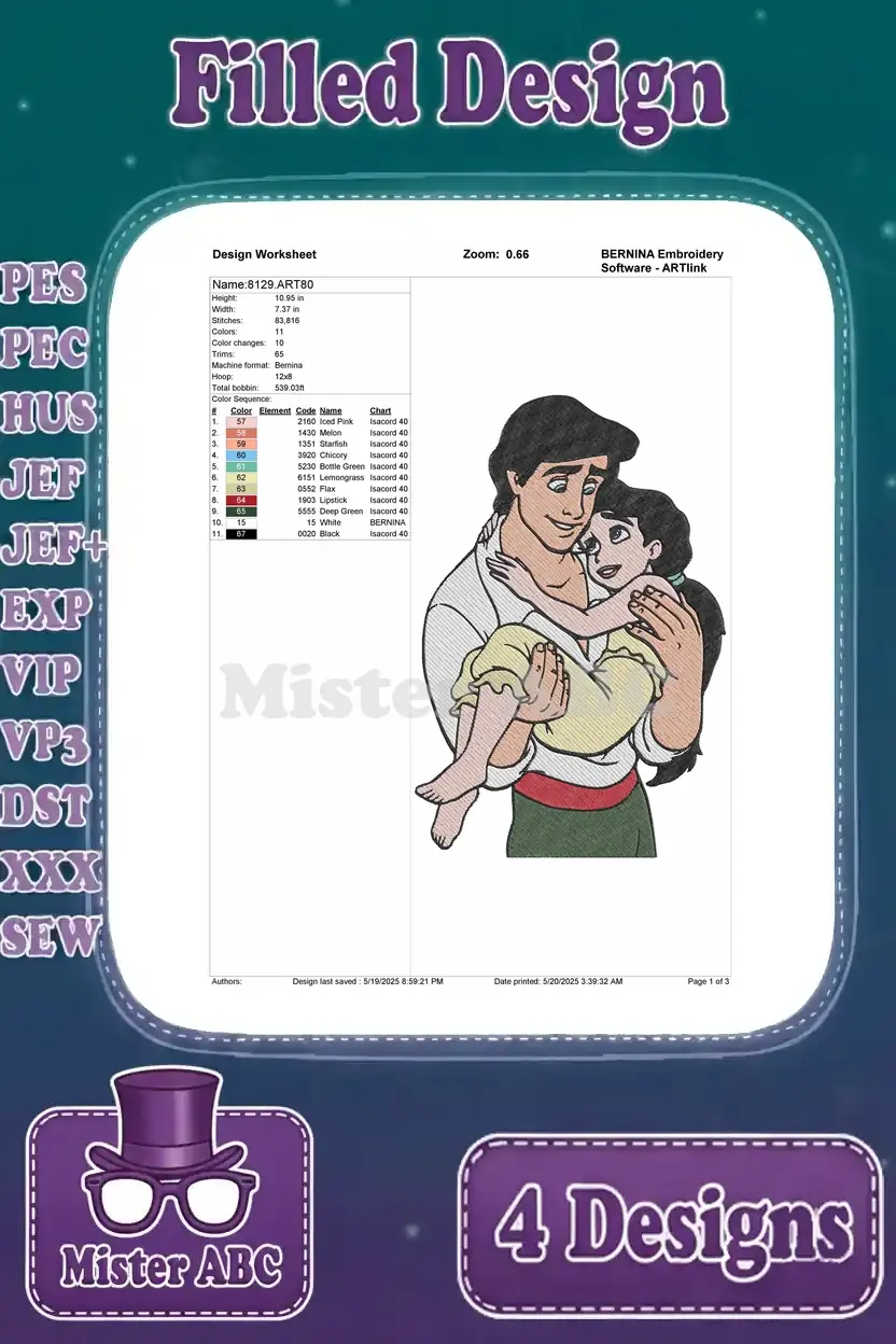 Detailed embroidery design worksheet for Melody and Prince Eric, showing thread colors, stitch count, and design info.