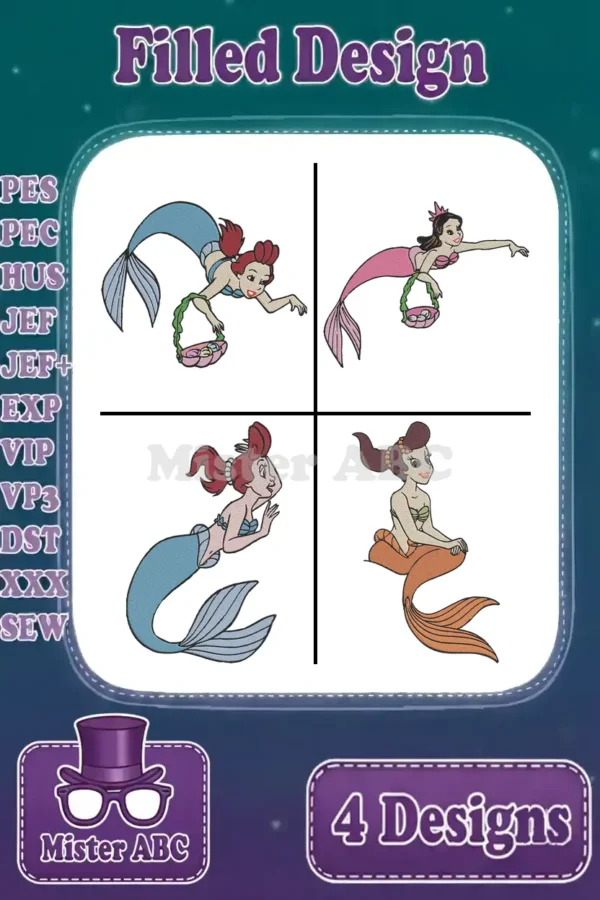 A vibrant grid showcasing four unique filled mermaid embroidery designs, offering diverse styles for creative projects.