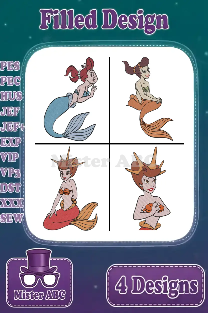 A vibrant collage of four unique filled mermaid embroidery designs, showcasing various poses and styles for creative projects.