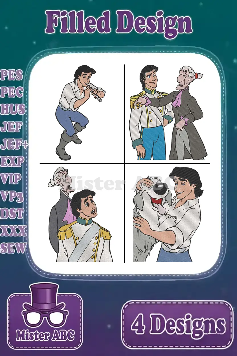 A collage of four Prince Eric embroidery designs from The Little Mermaid, showcasing filled stitch types and available formats.