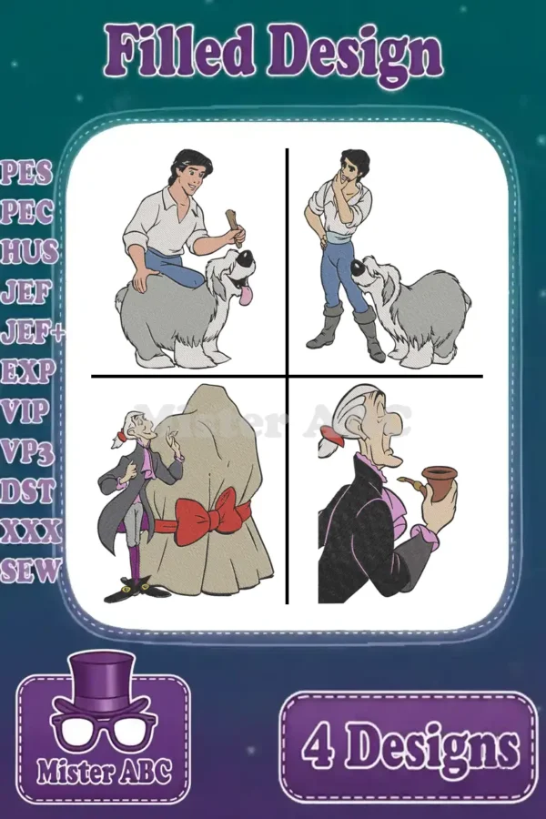 A vibrant collage of four filled embroidery designs: Prince Eric with Max, and Grimsby, perfect for any project.