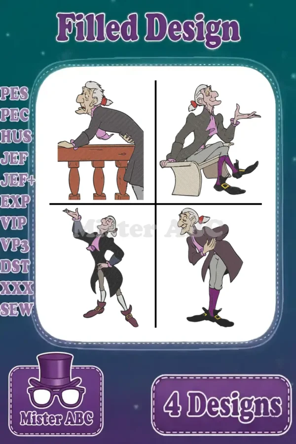 Four filled embroidery designs of Governor Ratcliffe in various poses, showcasing stitch types and supported formats.