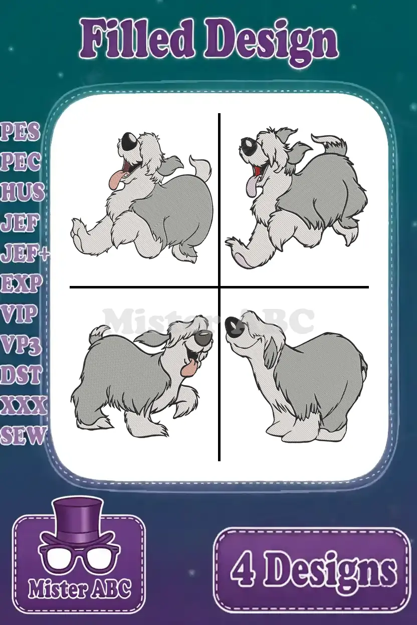 A vibrant collection of four filled embroidery designs featuring Max, the shaggy dog from The Little Mermaid, in various playful poses.