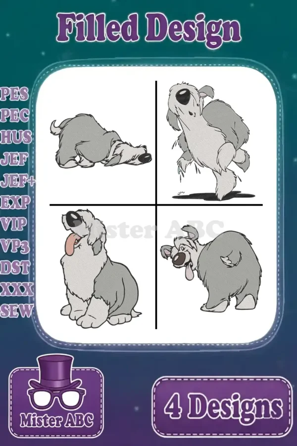 Four filled embroidery designs featuring Max, the Old English Sheepdog from Disney's The Little Mermaid, in various playful poses.