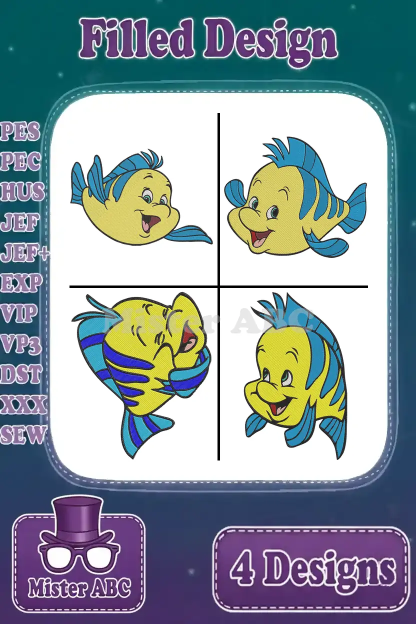 A vibrant main image showcasing four distinct, filled embroidery designs of Flounder, the cheerful yellow and blue fish.