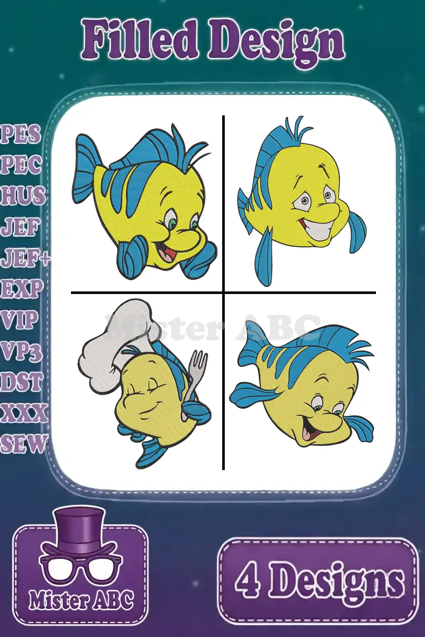 Four vibrant, filled embroidery designs featuring Flounder from The Little Mermaid in various delightful poses.