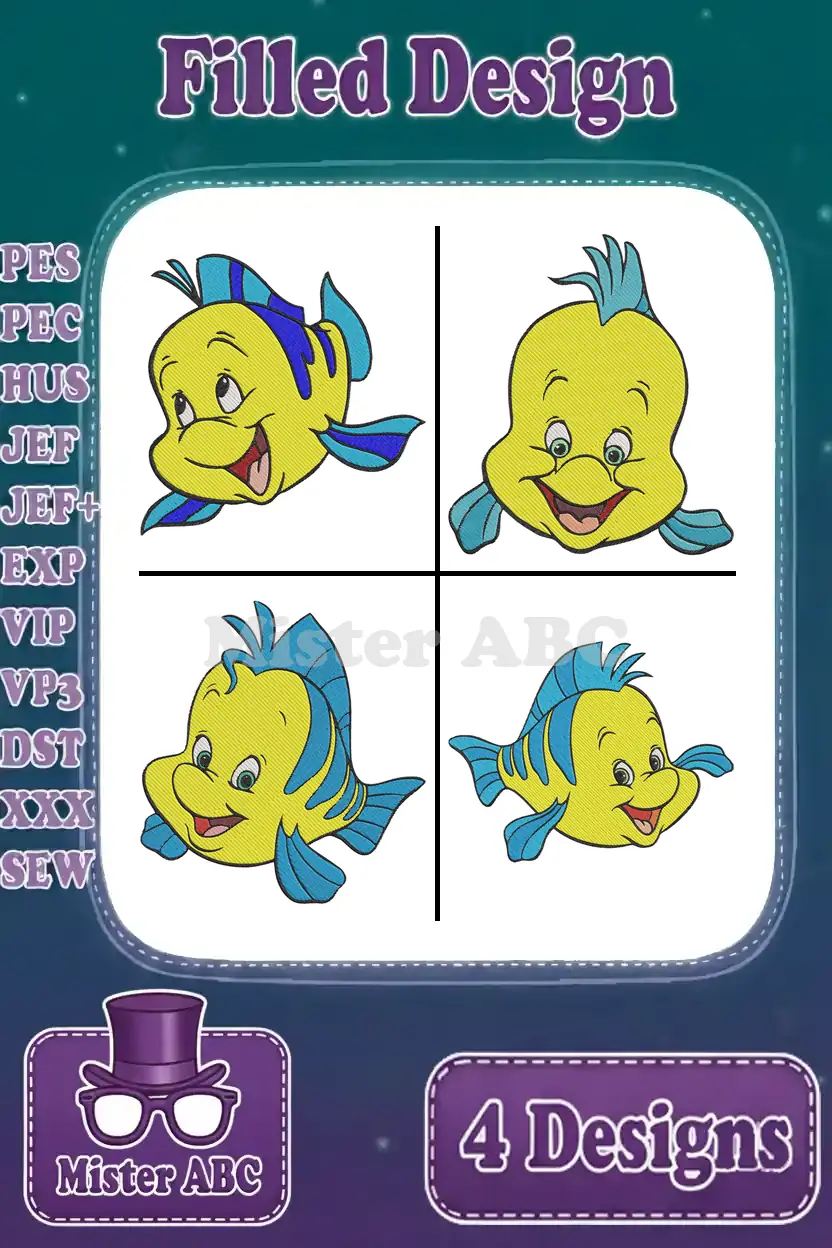 Four charming filled embroidery designs of Flounder from Disney's The Little Mermaid, ready for crafting.