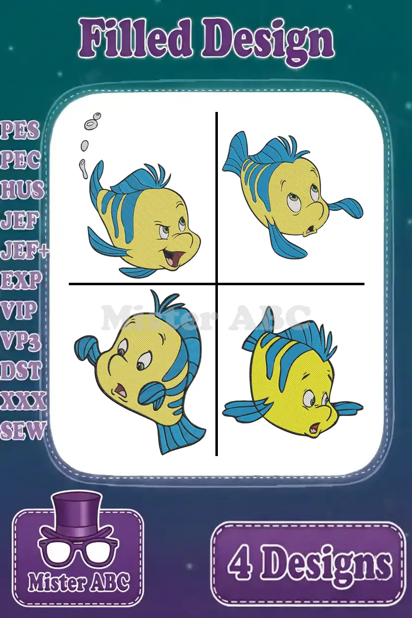 A vibrant embroidery bundle featuring four different poses of Flounder from Disney's The Little Mermaid.