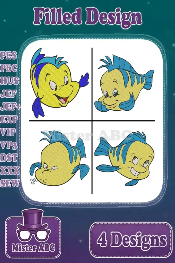 Four vibrant Flounder embroidery designs, each showcasing a unique expression, presented on a dark blue background.