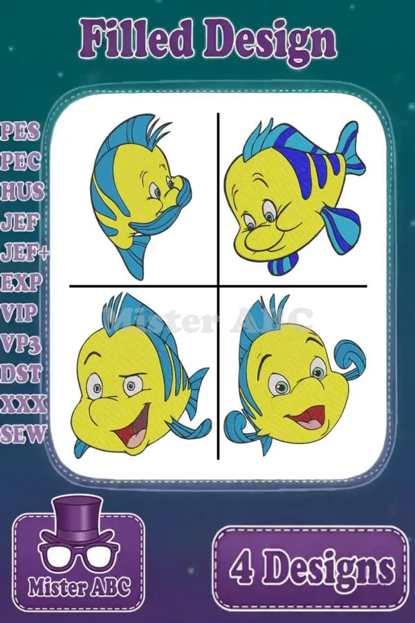 Four vibrant, filled embroidery designs of Flounder from The Little Mermaid, showcasing different expressions and poses.