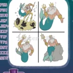 The Little Mermaid King Triton Ruler Of Atlantica With Trident Powerful Poses - Filled Embroidery Design - Instant Download