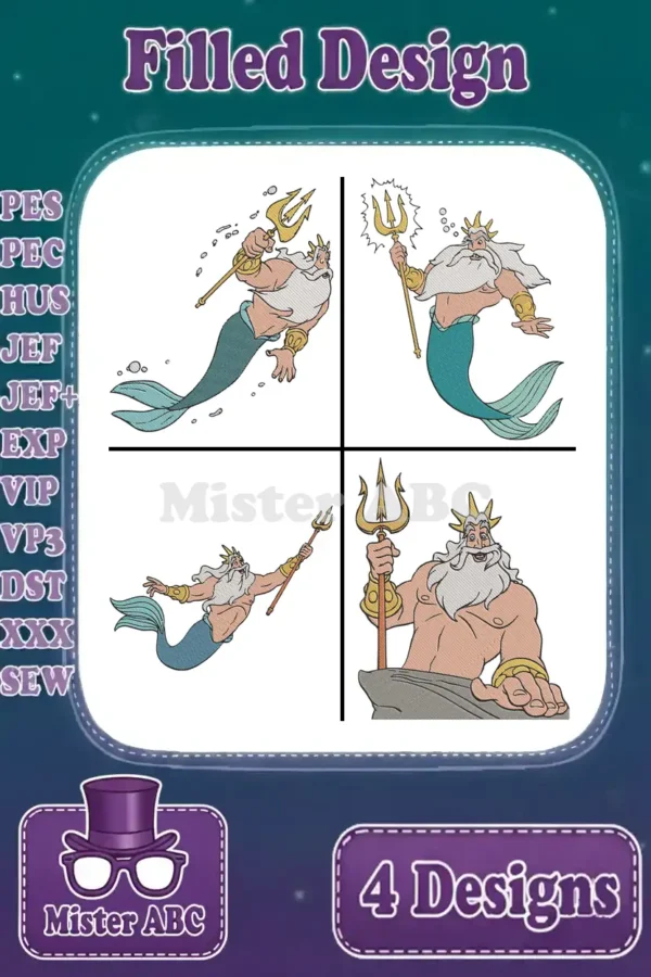 Four vibrant filled embroidery designs of King Triton, showing him swimming, wielding his trident, and seated on a rock.