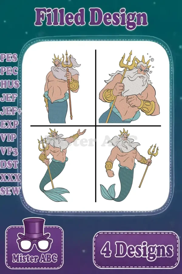 A captivating bundle of four King Triton filled embroidery designs, showcasing the powerful merman king in various dynamic poses, perfect for fans.