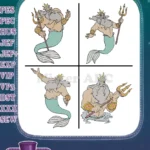 The Little Mermaid King Triton With Trident Various Sitting And Thoughtful Poses - Filled Embroidery Design - Instant Download