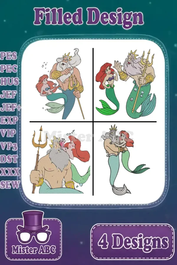A vibrant embroidery bundle displaying four unique filled designs of Ariel and King Triton from The Little Mermaid, ready for crafting.