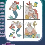 The Little Mermaid King Triton Ariel Flounder And Sebastian Group Character - Filled Embroidery Design - Instant Download