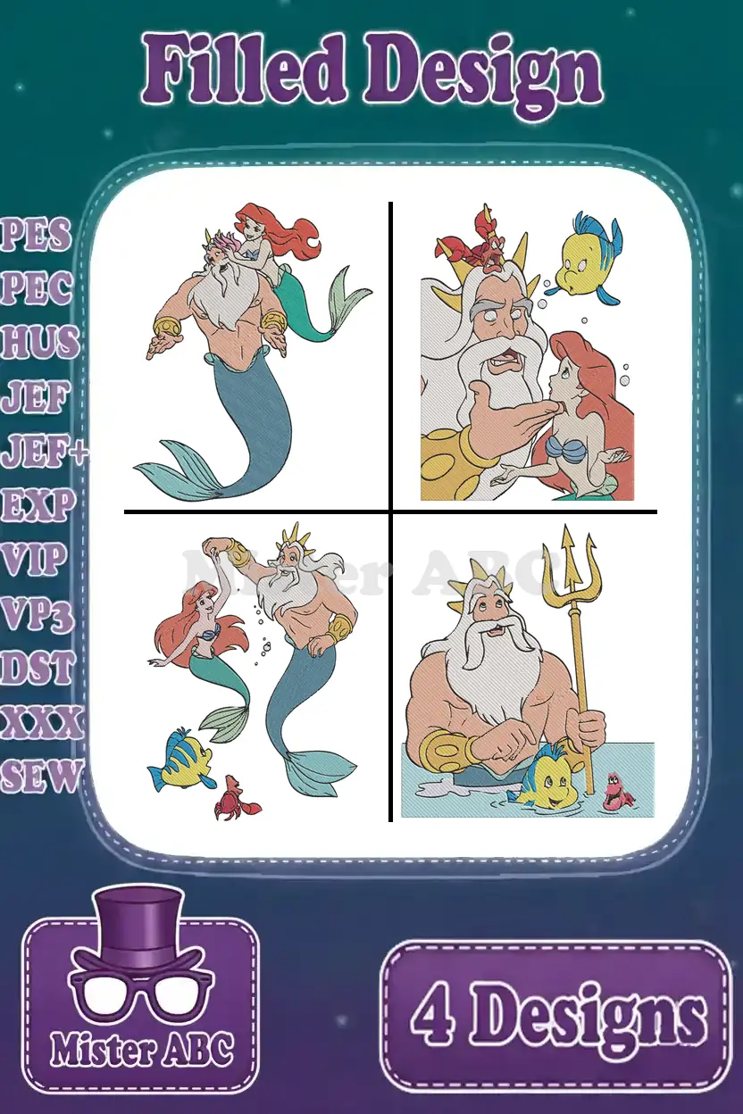 Four vibrant Little Mermaid themed filled embroidery designs featuring Ariel, King Triton, Flounder, and Sebastian.