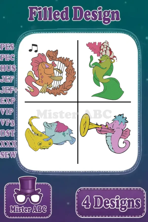 Four vibrant filled embroidery designs featuring charming musical sea creatures, perfect for adding an aquatic, musical touch to any project.