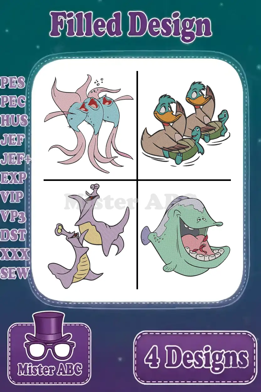 A vibrant collection of four distinct cartoon-style filled embroidery designs, including ducks, sea creatures, and dragons.