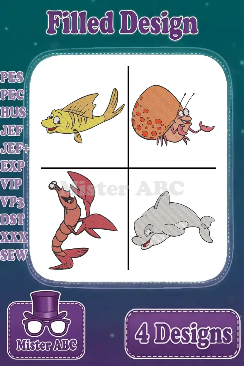 A vibrant main image displaying four filled embroidery designs: Flounder, a hermit crab, Sebastian, and a dolphin, ready for machine embroidery projects.